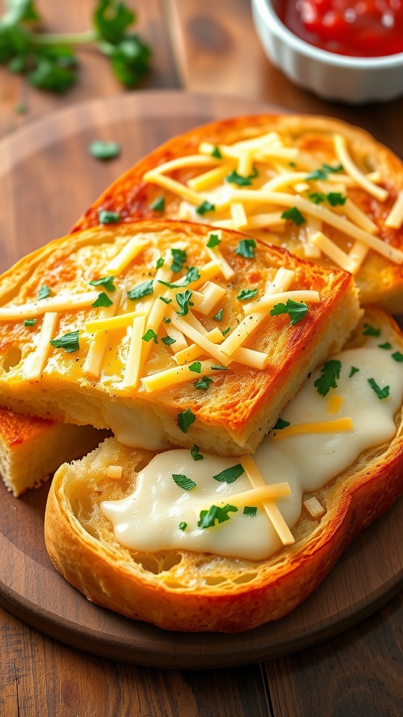 Three-cheese garlic bread sliced, with melted cheese and parsley on top, served with marinara sauce.